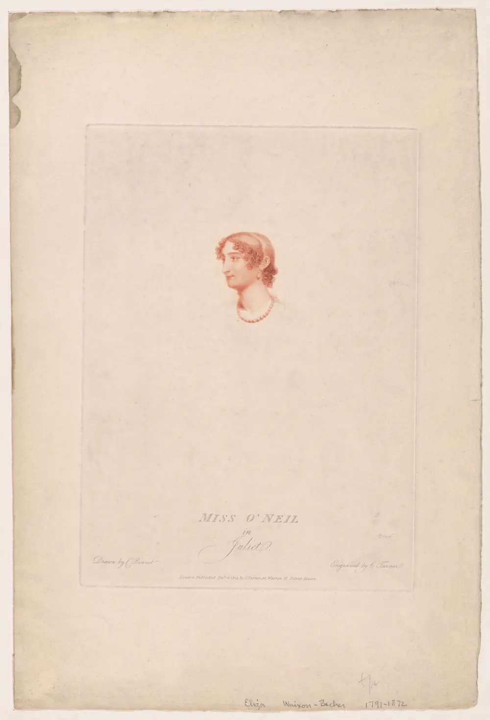 Miss O'Neil in Juliet Drawn, engraved and published by Charles Turner